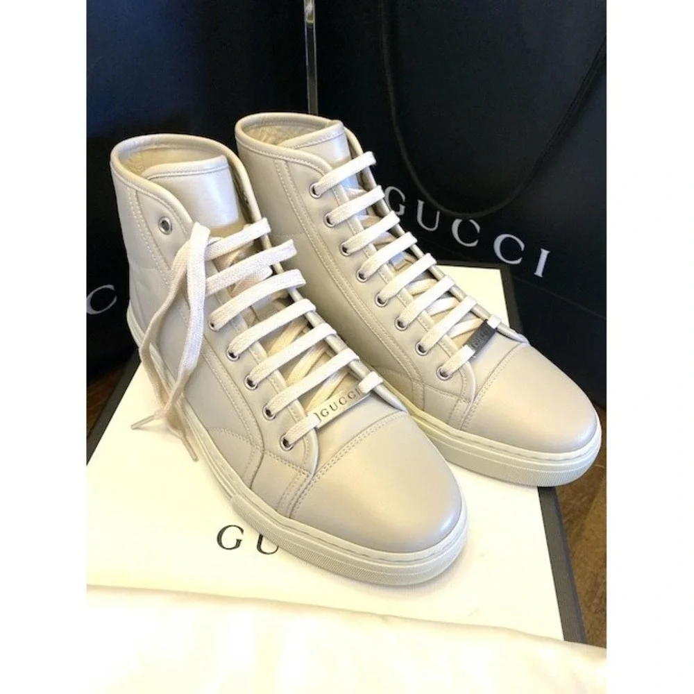 Gucci Men's High-Top Sneakers Light Gray Leather Gucci Logo US 5.5